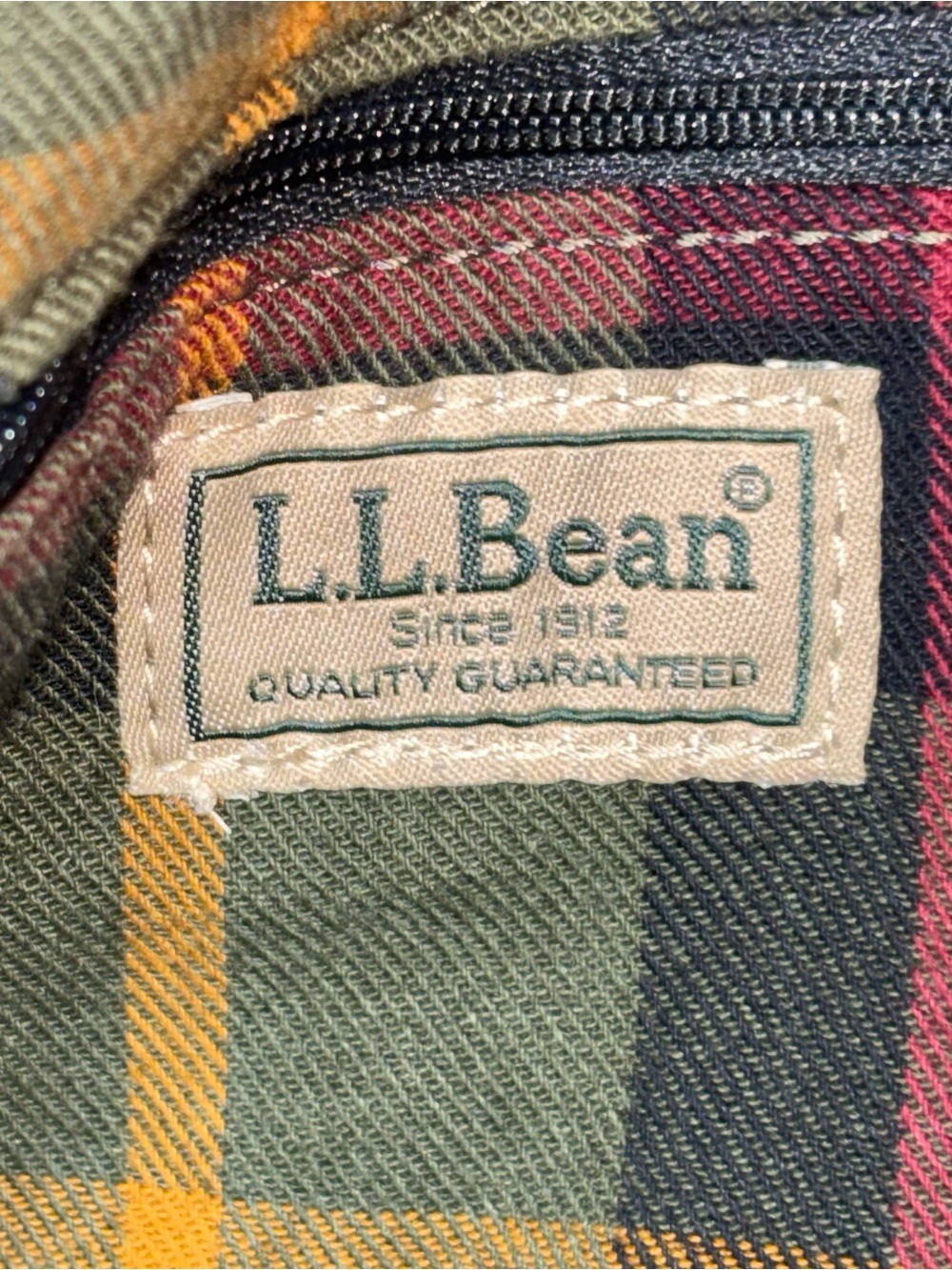 LL Bean Leather Handles Tote Bag Canvas Plaid Lined Brown Green Boat Vintage 90s - Picture 8 of 12